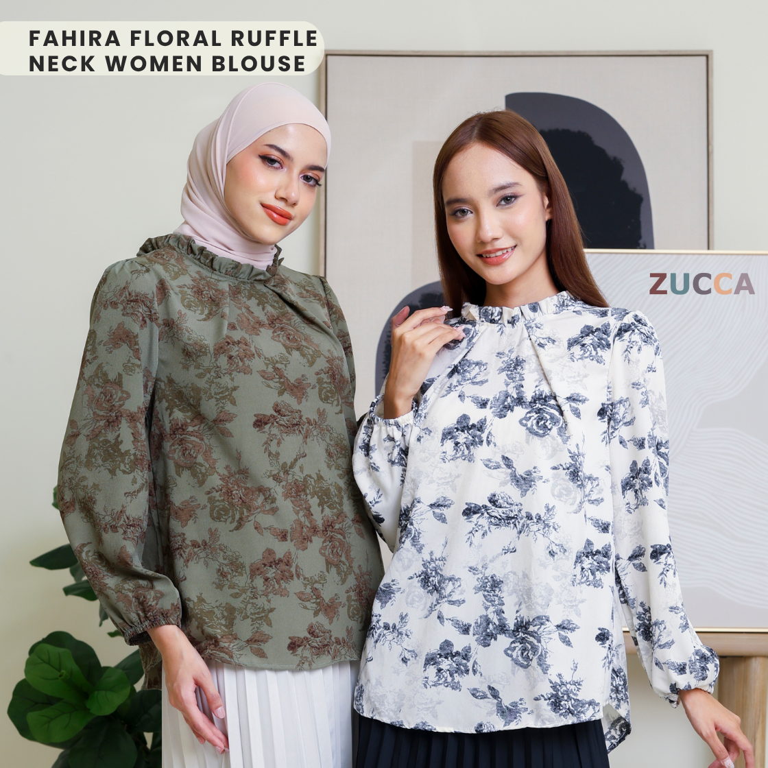 ZUCCA FAHIRA FLORAL RUFFLE NECK WOMEN BLOUSE - DM114 BAJU WANITA Cotton Button Long Sleeve Sleeve Muslimah