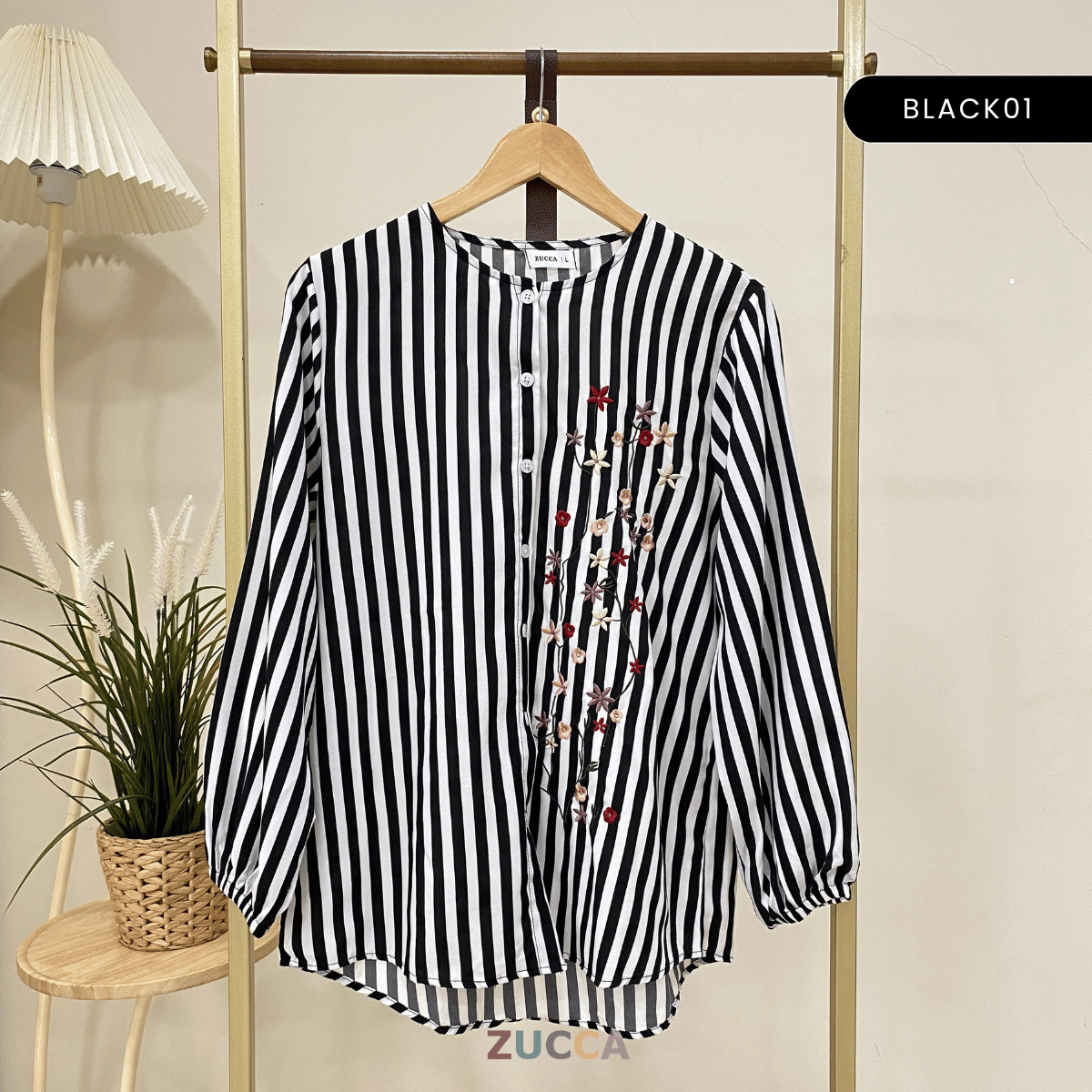 ZUCCA AUFA FLORAL EMBROIDERED STRIPE COTTON BLOUSE - DM239