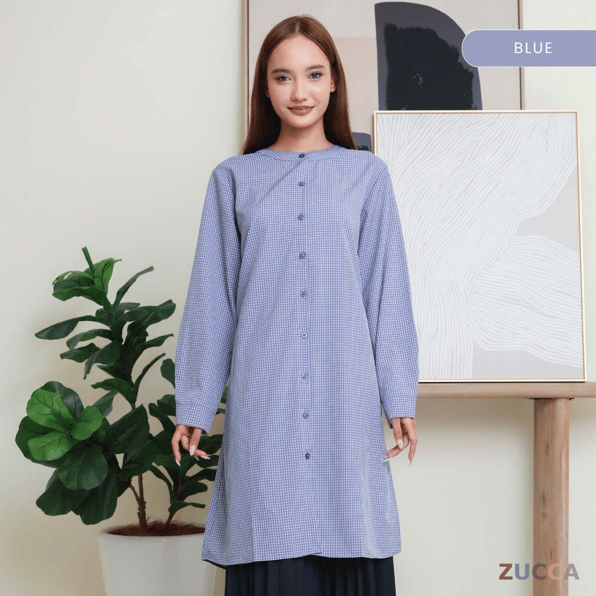 ZUCCA AVELIA GINGHAM CHECKER LONG BLOUSE - DM245 BAJU WANITA