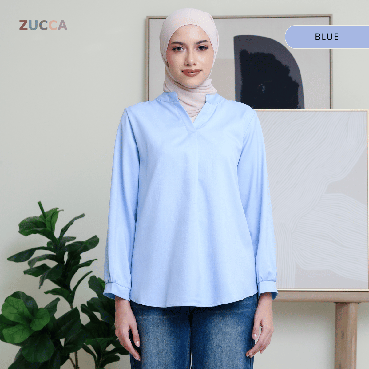 ZUCCA ANDRA KEMEJA KASUAL WANITA LEHER V TANPA CORAK - DM247