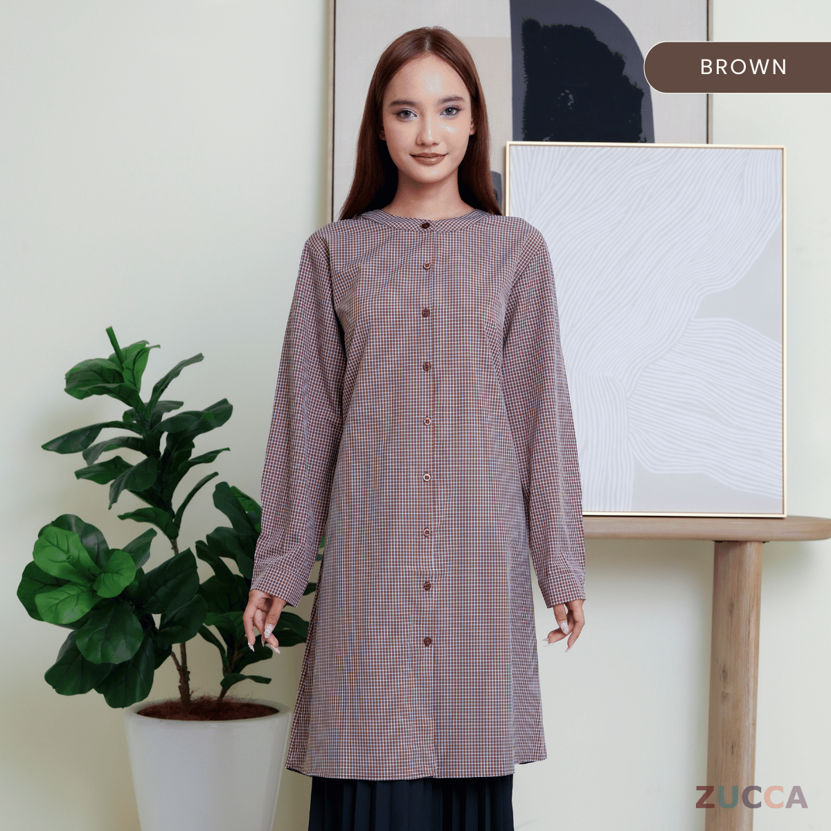 ZUCCA AVELIA GINGHAM CHECKER LONG BLOUSE - DM245 BAJU WANITA