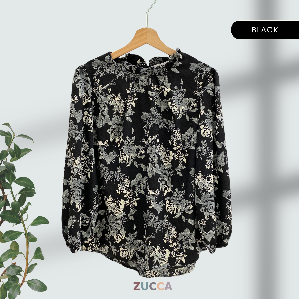 ZUCCA FAHIRA FLORAL RUFFLE NECK WOMEN BLOUSE - DM114 BAJU WANITA Cotton Button Long Sleeve Sleeve Muslimah