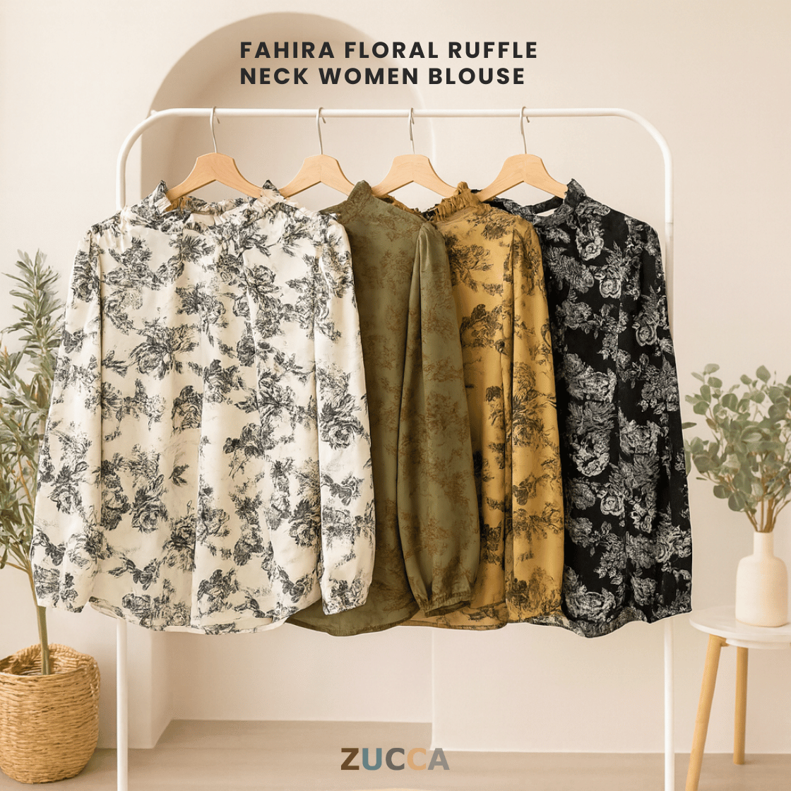 ZUCCA FAHIRA FLORAL RUFFLE NECK WOMEN BLOUSE - DM114 BAJU WANITA Cotton Button Long Sleeve Sleeve Muslimah