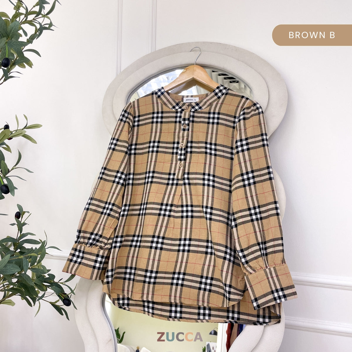 ZUCCA TASHA HALF BUTTON CHECKERED BLOUSE - DM130