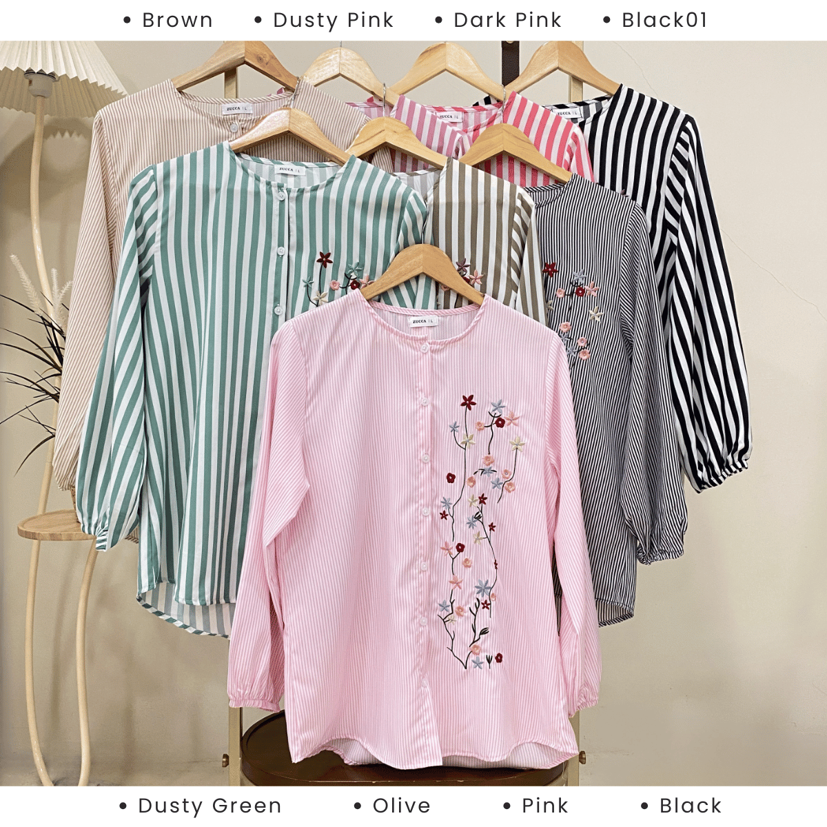 ZUCCA AUFA FLORAL EMBROIDERED STRIPE COTTON BLOUSE - DM239
