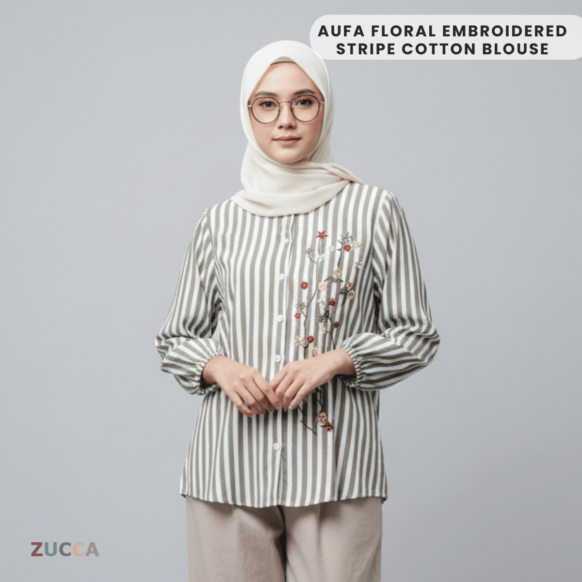 ZUCCA AUFA FLORAL EMBROIDERED STRIPE COTTON BLOUSE - DM239
