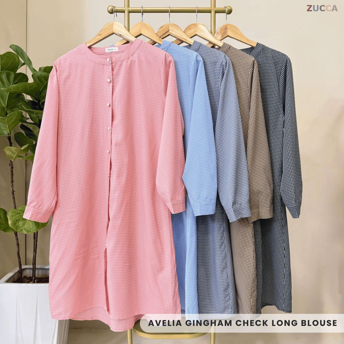 ZUCCA AVELIA GINGHAM CHECKER LONG BLOUSE - DM245 BAJU WANITA