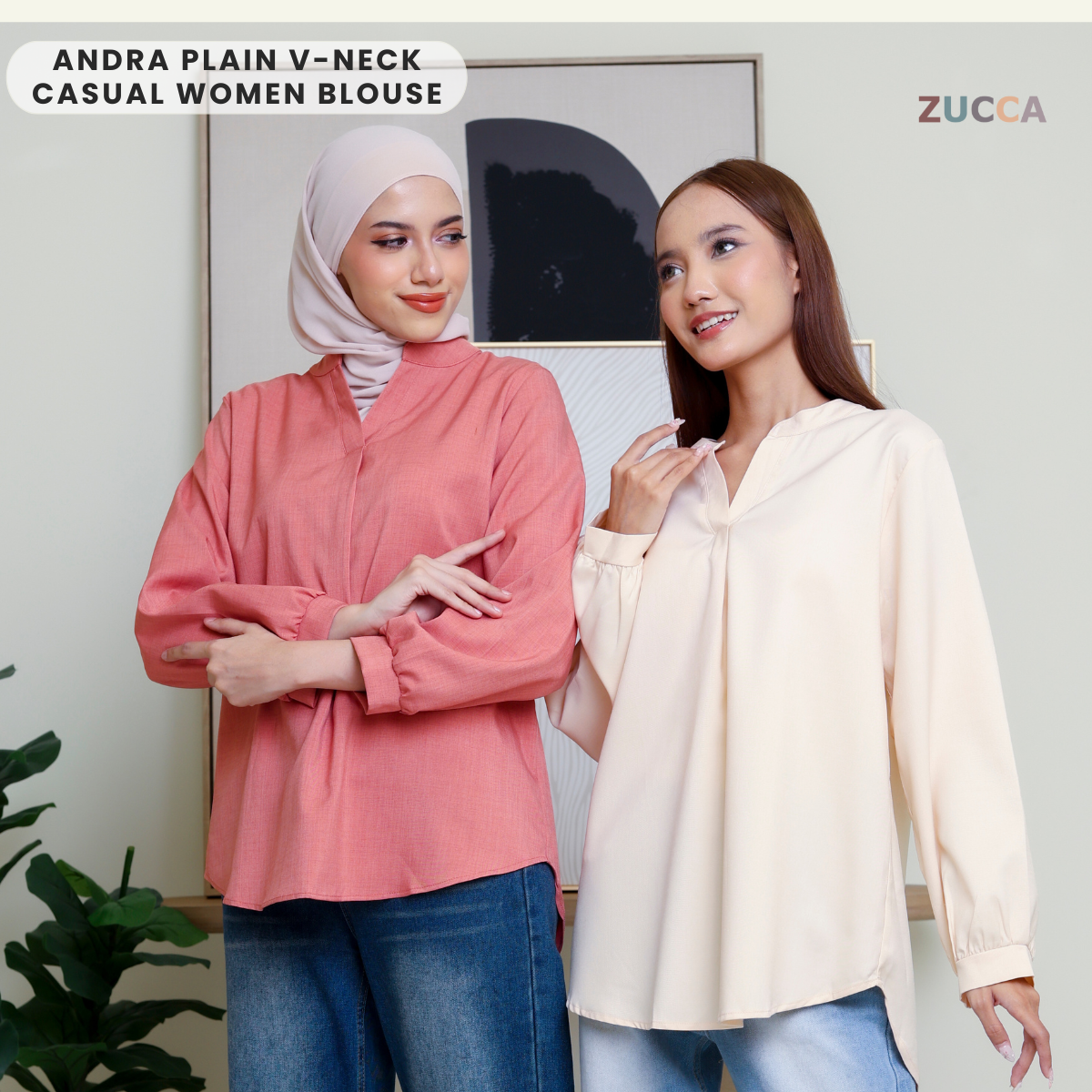 ZUCCA ANDRA KEMEJA KASUAL WANITA LEHER V TANPA CORAK - DM247