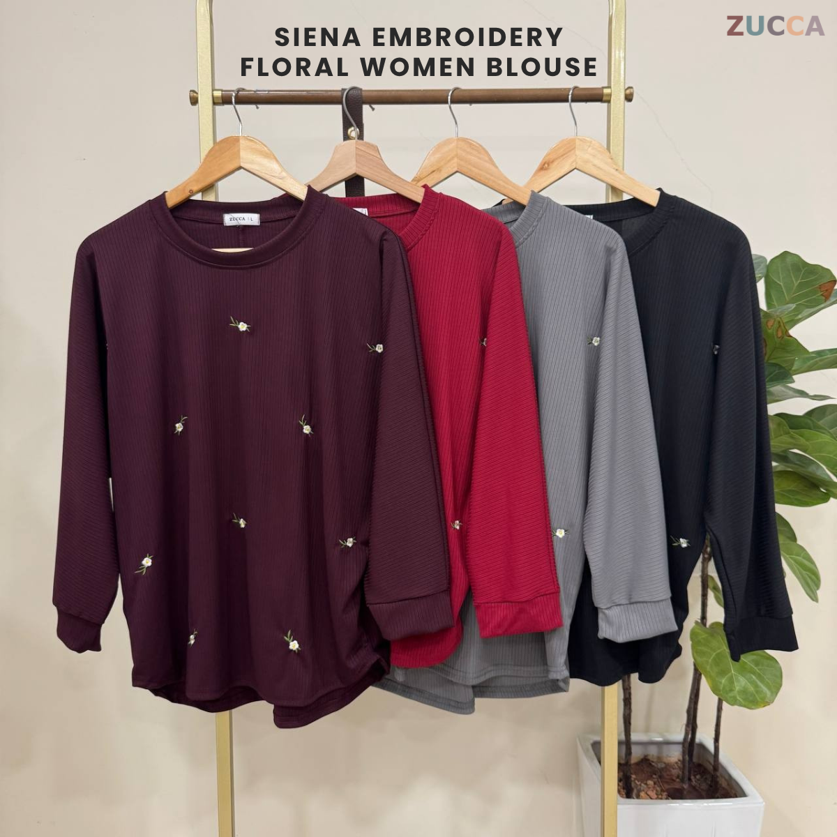 ZUCCA SIENA EMBROIDERY FLORAL WOMEN BLOUSE - DM259 RIB KNIT