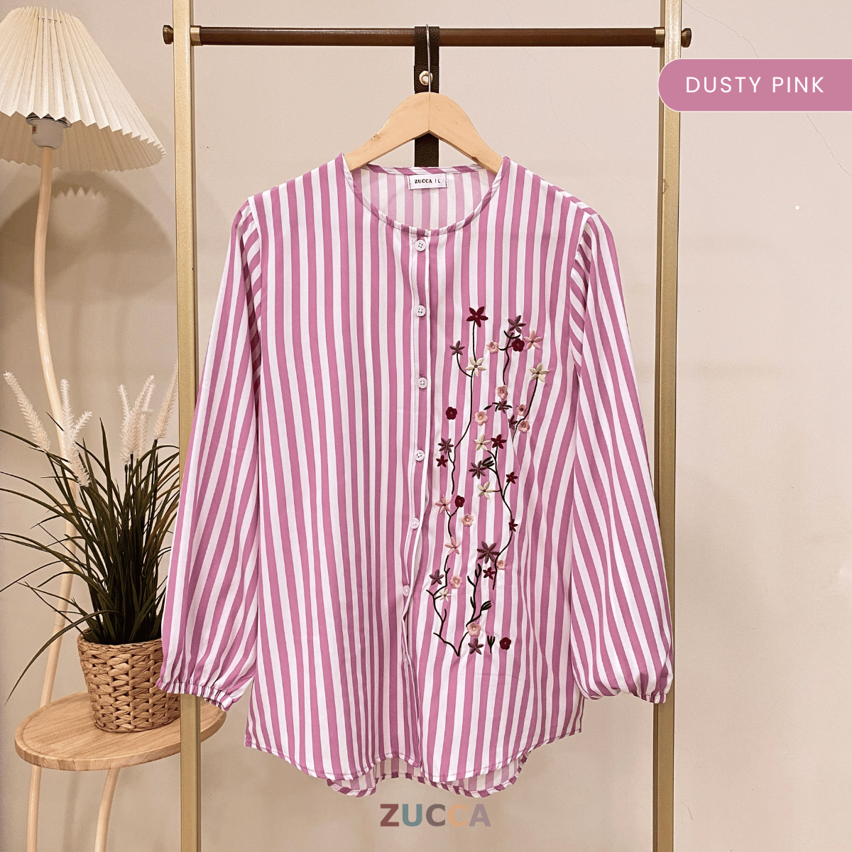 ZUCCA AUFA FLORAL EMBROIDERED STRIPE COTTON BLOUSE - DM239