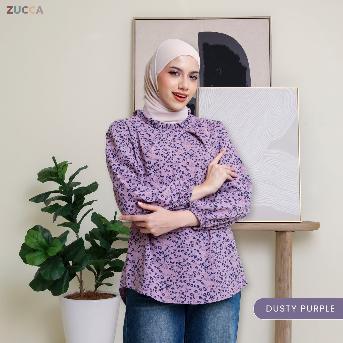 ZUCCA YULINA BLOUS WANITA BERCORAK FLORAL BERSERTA LEHER BERTINGKAT – DM094