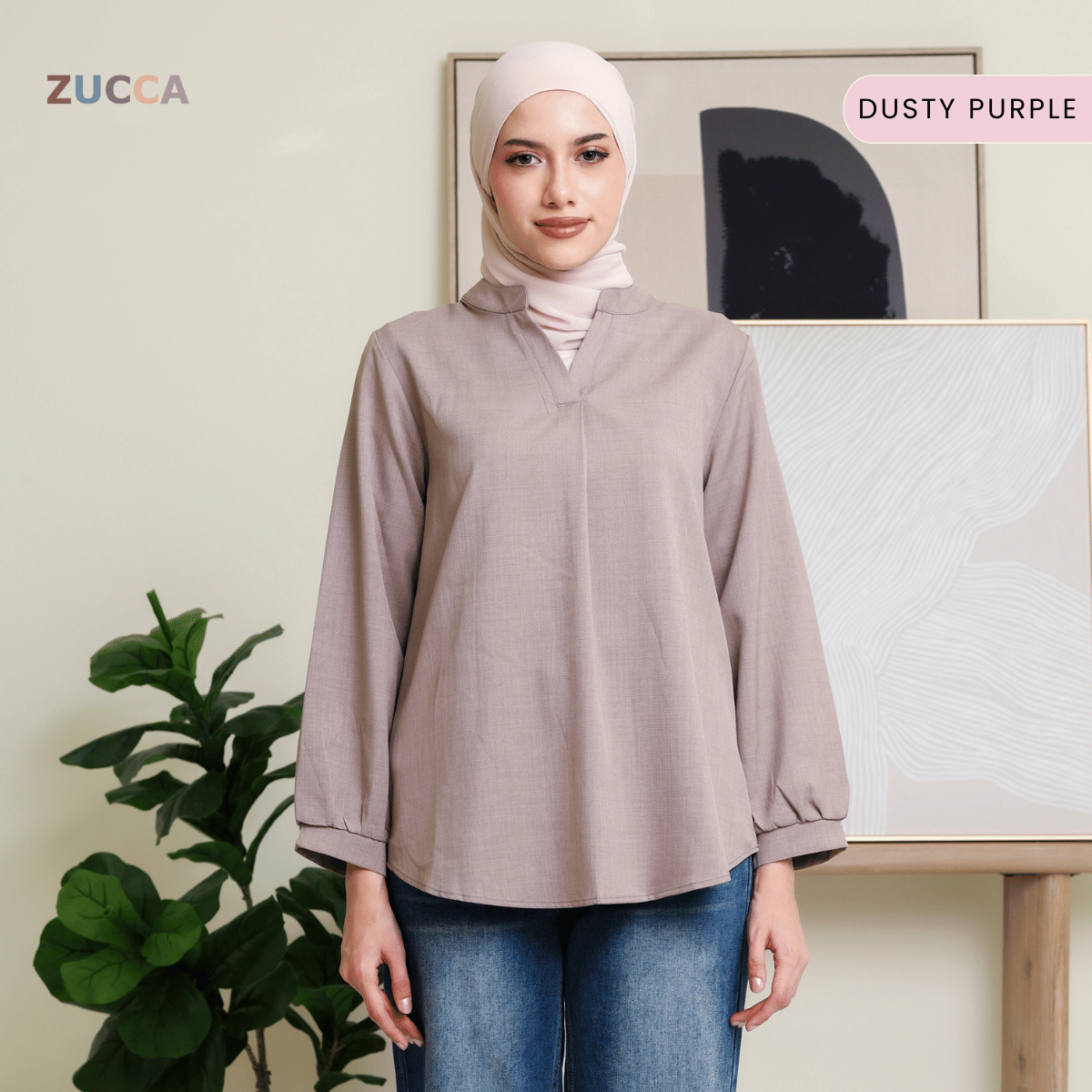 ZUCCA ANDRA KEMEJA KASUAL WANITA LEHER V TANPA CORAK - DM247