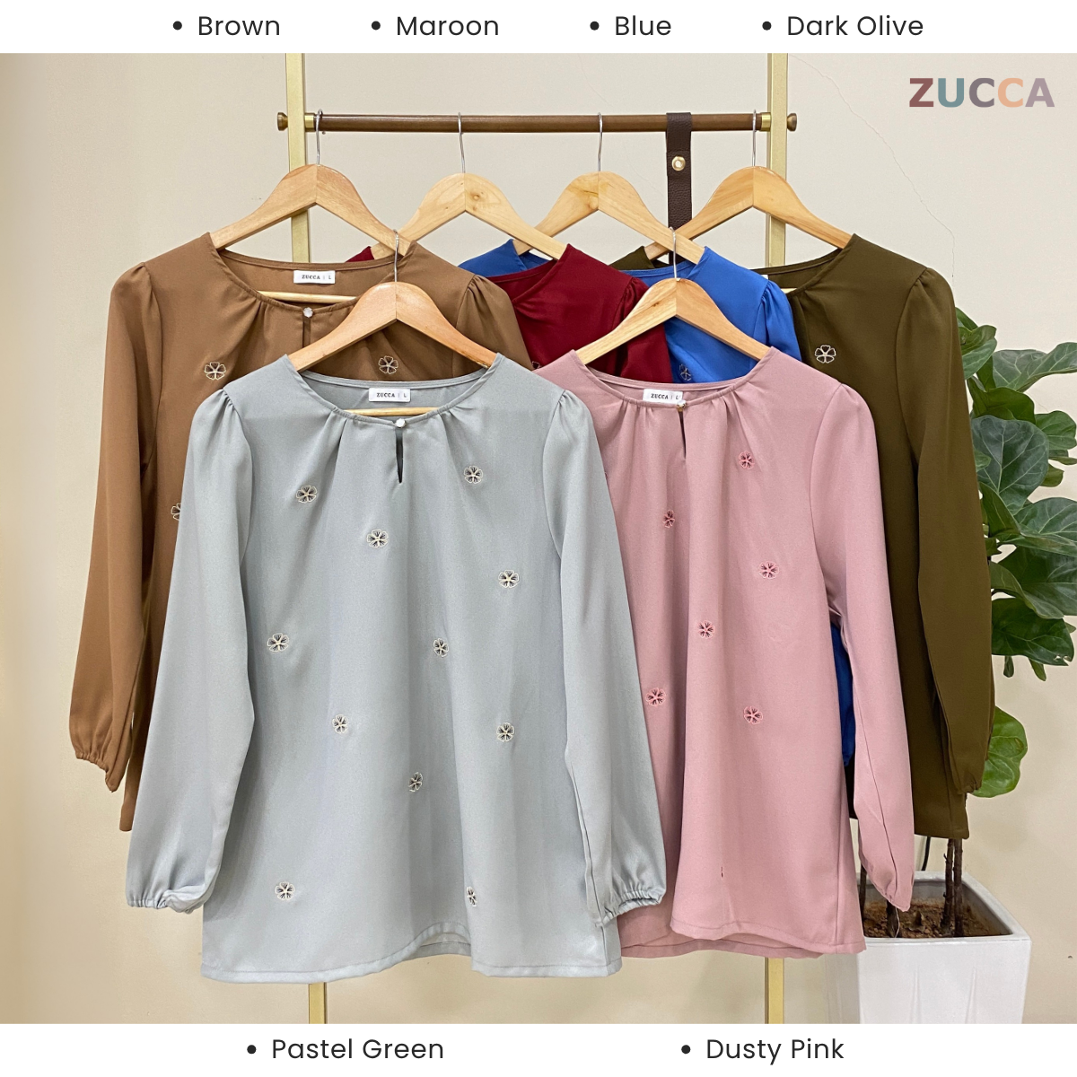 ZUCCA SHILA BLOUS LEHER BERGELOMBANG DENGAN SULAMAN FLORAL – MA005
