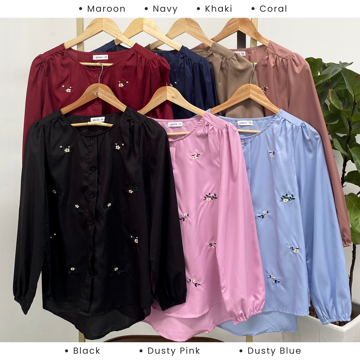 ZUCCA ELAINE FLORAL EMBROIDERY WOMEN BLOUSE - MA066 PLEATED SHOULDER