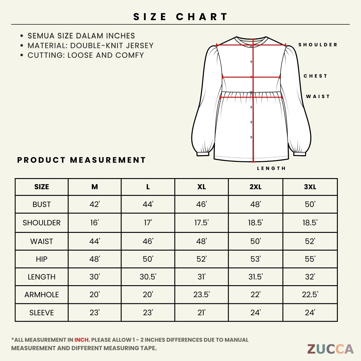 ZUCCA ASMA PEREMPUAN KASUAL PLAIN BLOUSE LONG SLEEVE - MA133