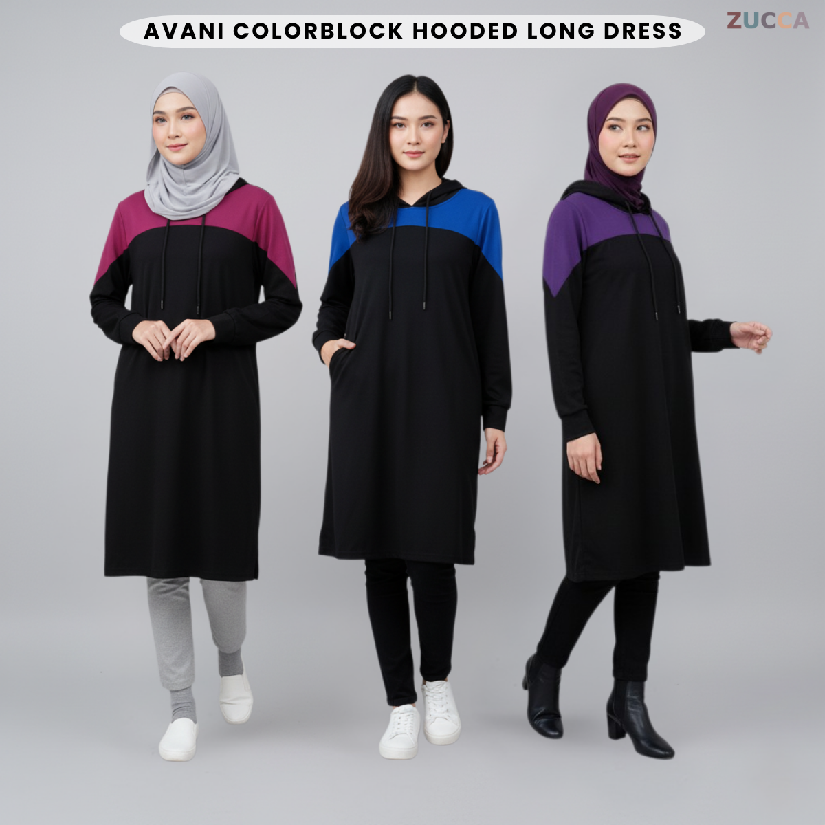 ZUCCA AVANI COLORBLOCK CASUAL WOMEN HOODED LONG DRESS - MS009