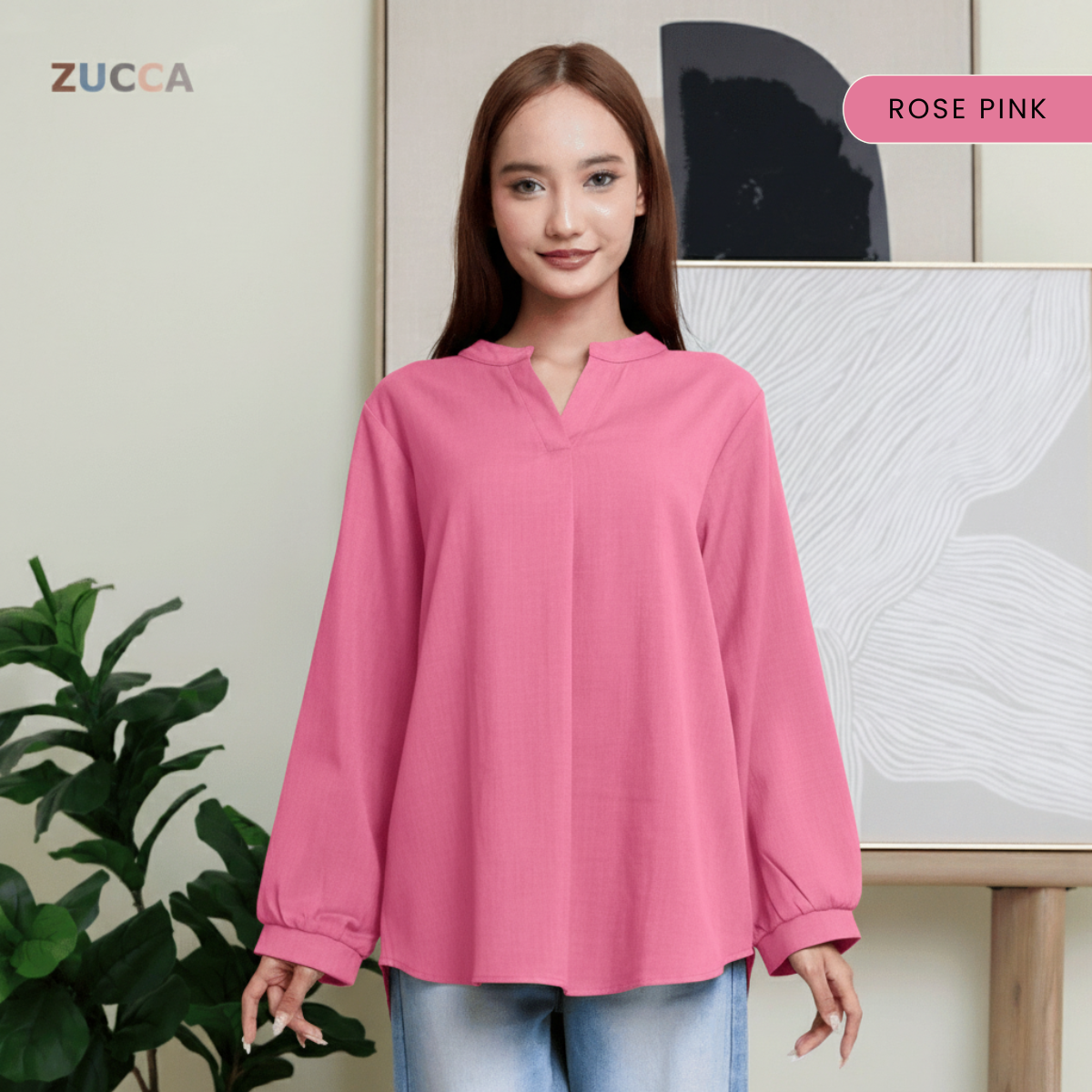 ZUCCA ANDRA KEMEJA KASUAL WANITA LEHER V TANPA CORAK - DM247