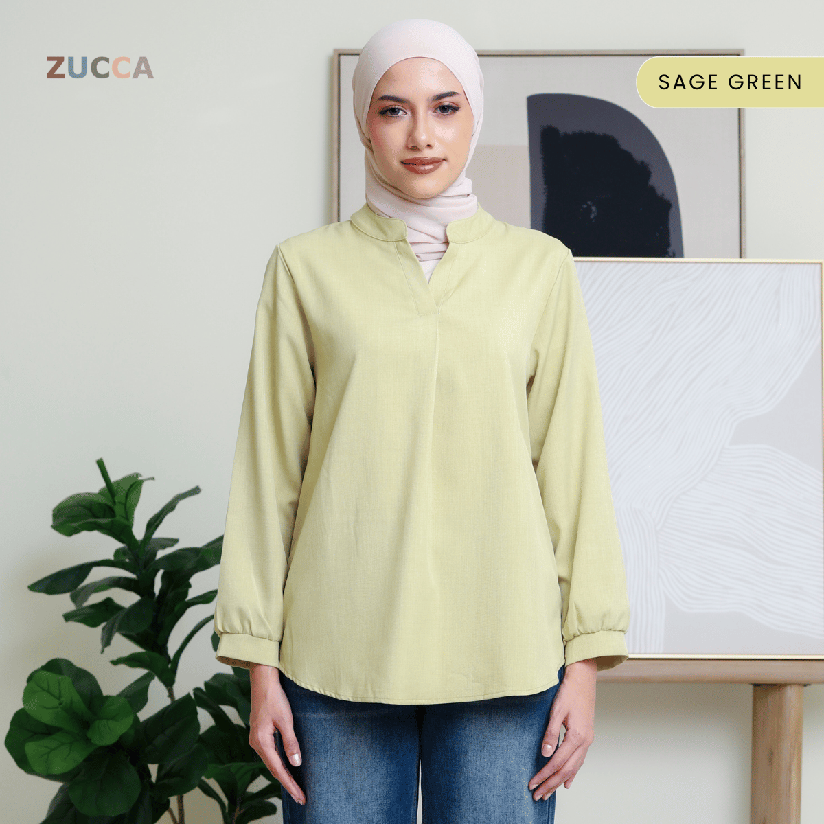 ZUCCA ANDRA KEMEJA KASUAL WANITA LEHER V TANPA CORAK - DM247