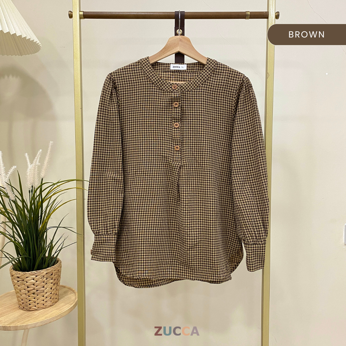 ZUCCA TASHA HALF BUTTON CHECKERED BLOUSE - DM130