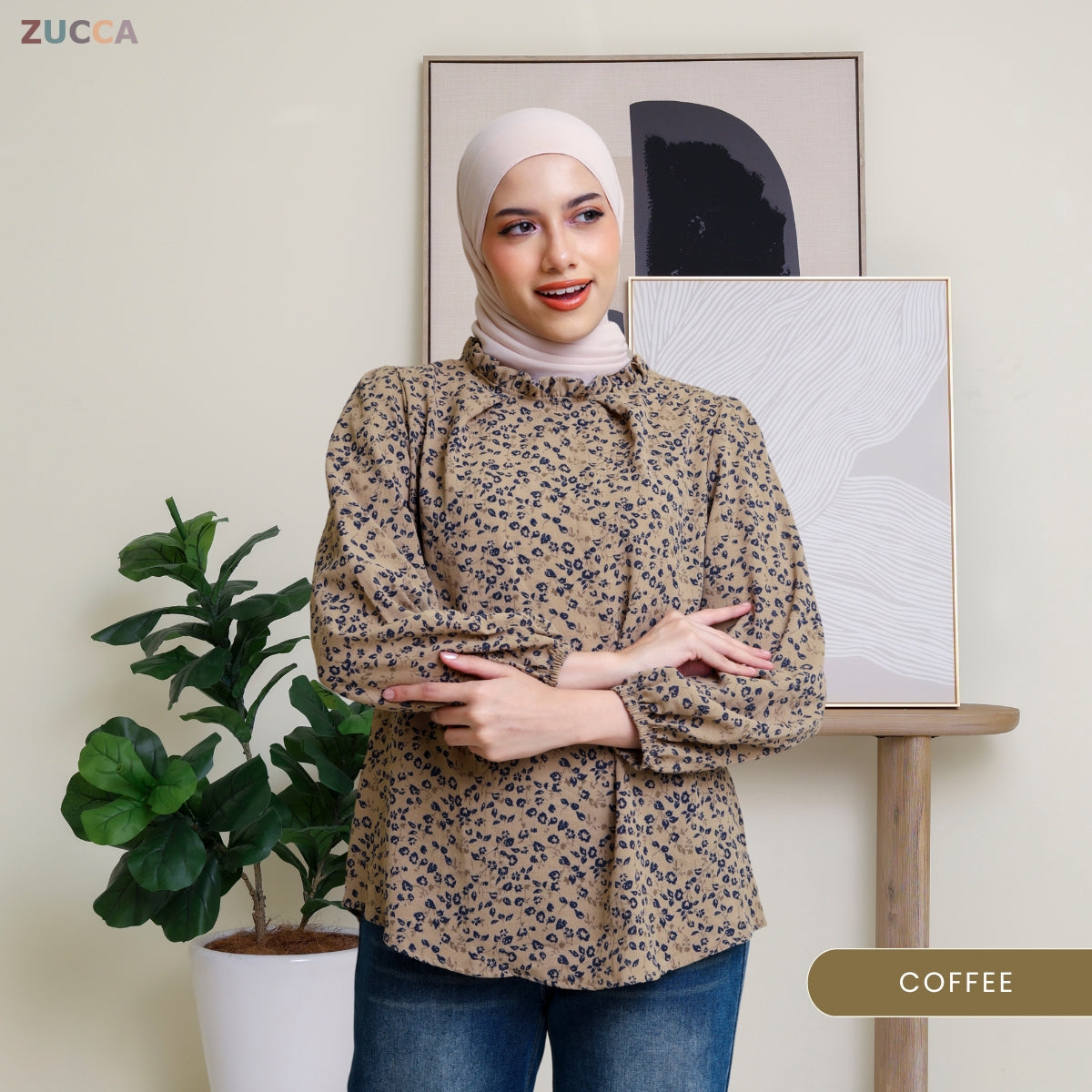 ZUCCA YULINA BLOUS WANITA BERCORAK FLORAL BERSERTA LEHER BERTINGKAT – DM094