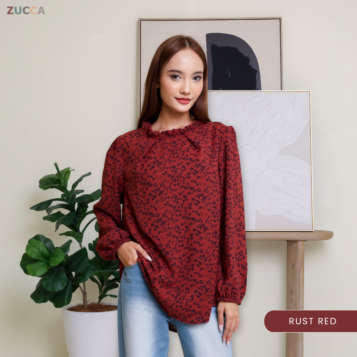 ZUCCA YULINA BLOUS WANITA BERCORAK FLORAL BERSERTA LEHER BERTINGKAT – DM094