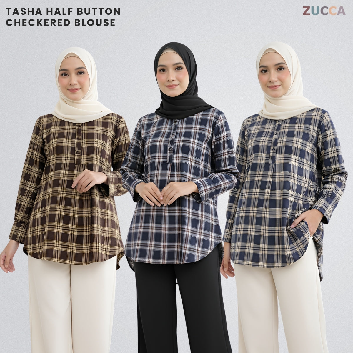 ZUCCA TASHA HALF BUTTON CHECKERED BLOUSE - DM130