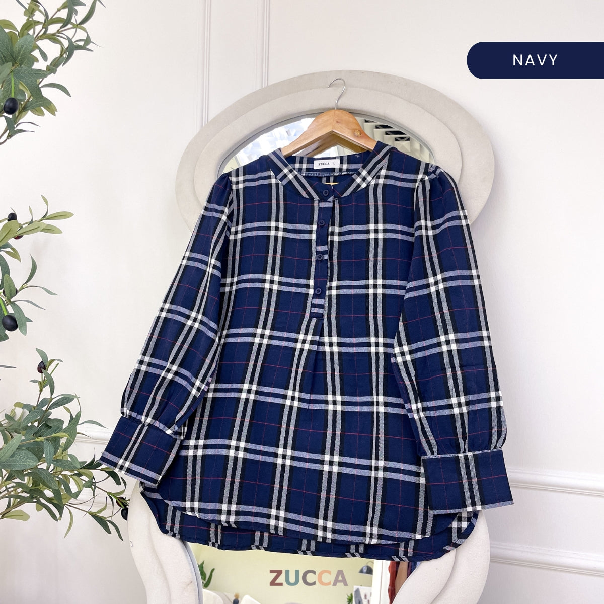 ZUCCA TASHA HALF BUTTON CHECKERED BLOUSE - DM130