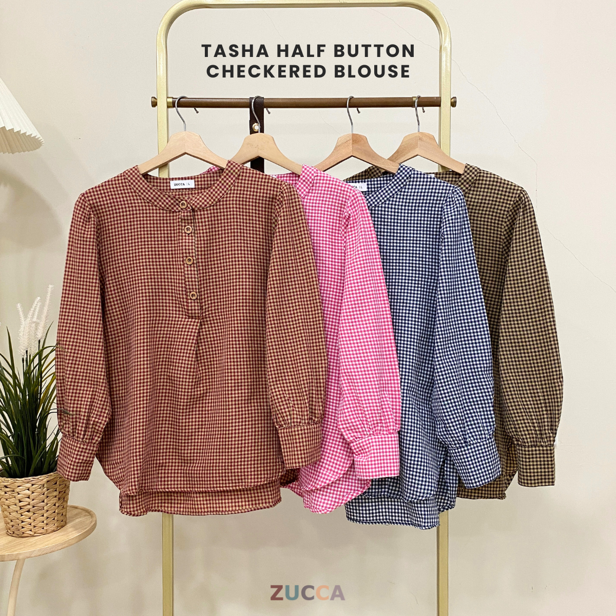 ZUCCA TASHA HALF BUTTON CHECKERED BLOUSE - DM130