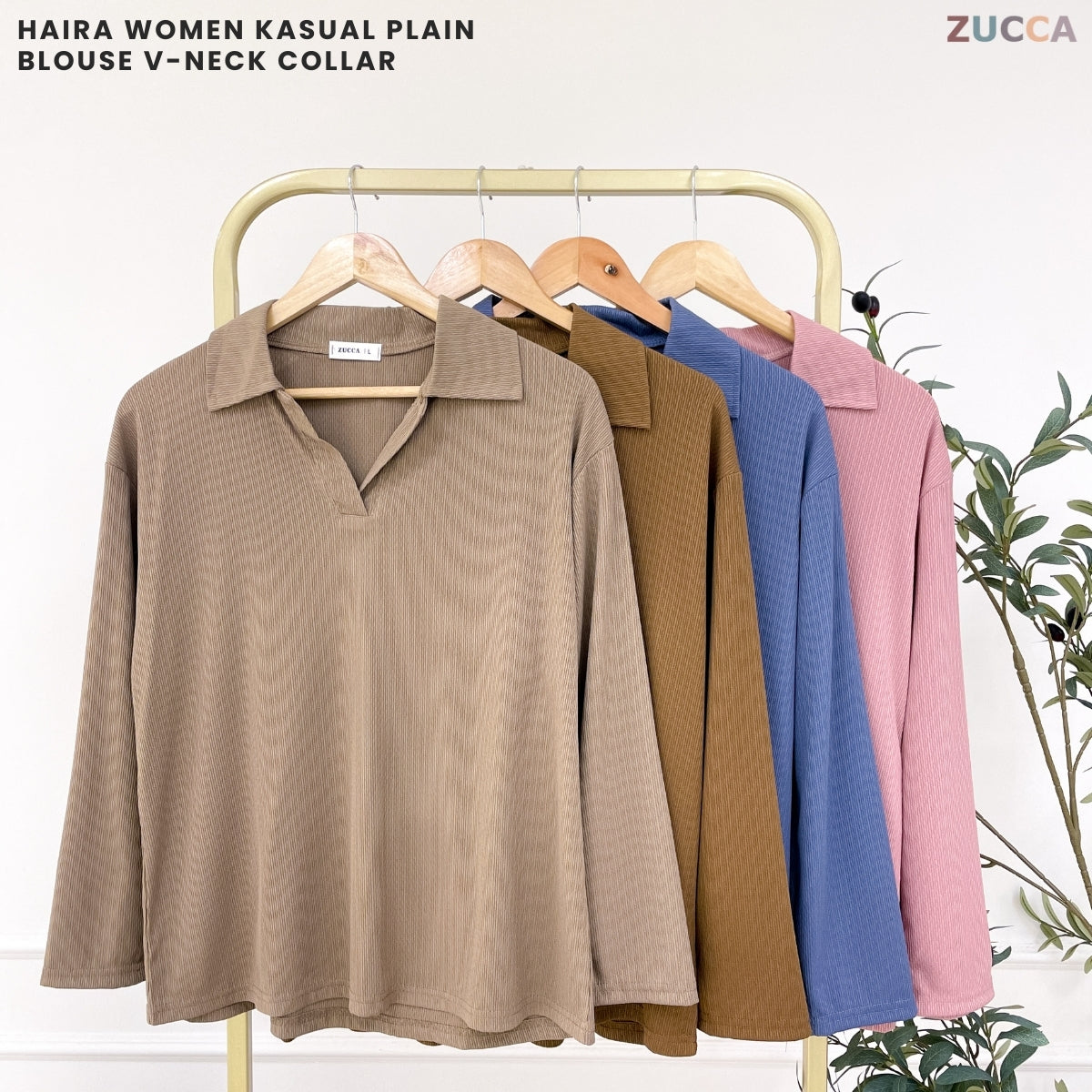 ZUCCA HAIRA WOMEN KASUAL PLAIN BLOUSE V-NECK COLLAR - DM320