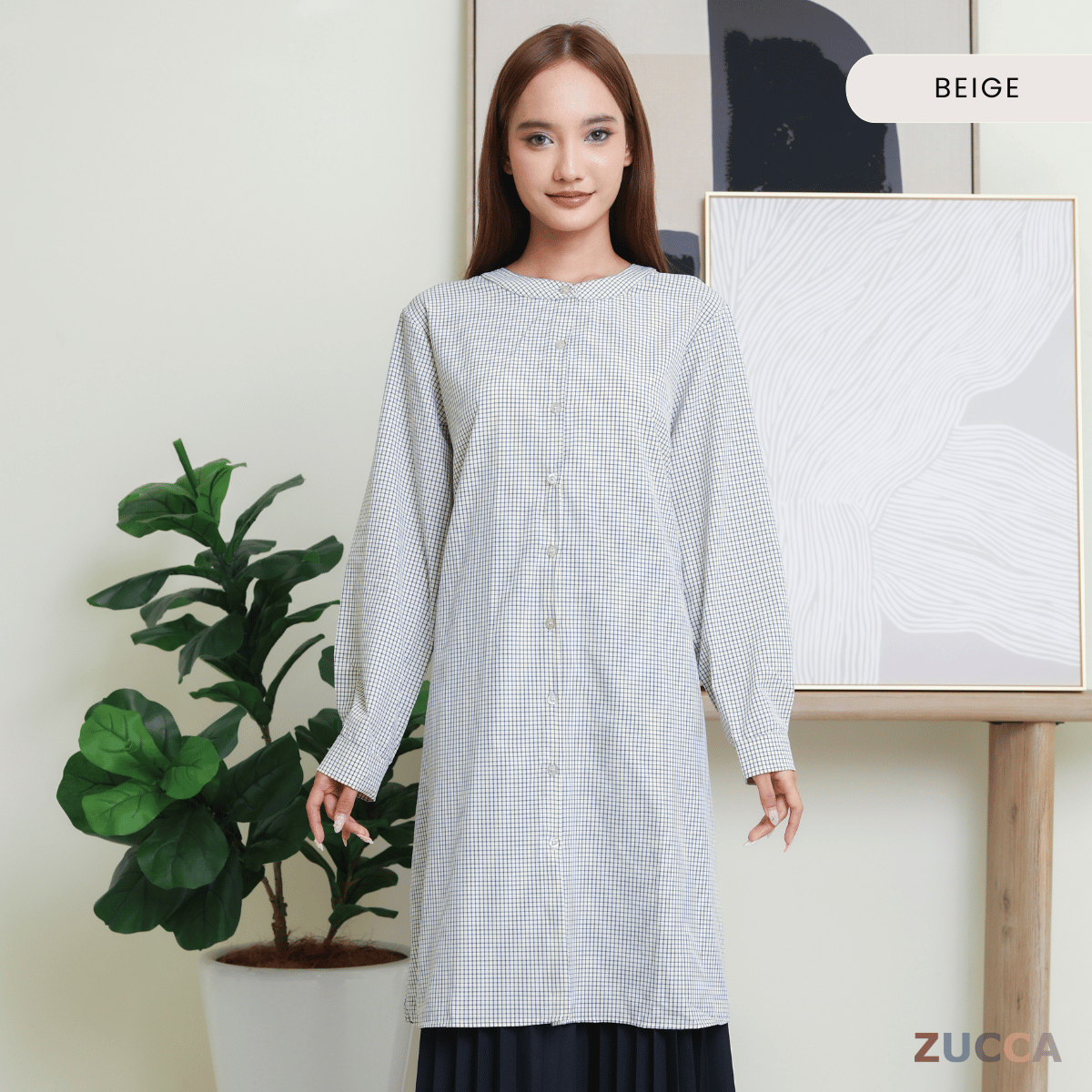 ZUCCA AVELIA GINGHAM CHECKER LONG BLOUSE - DM245 BAJU WANITA
