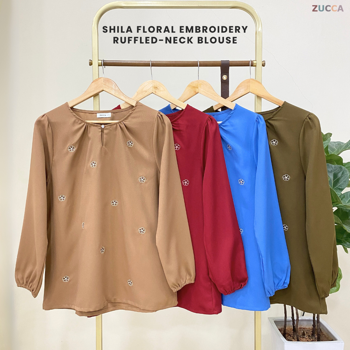 ZUCCA SHILA BLOUS LEHER BERGELOMBANG DENGAN SULAMAN FLORAL – MA005