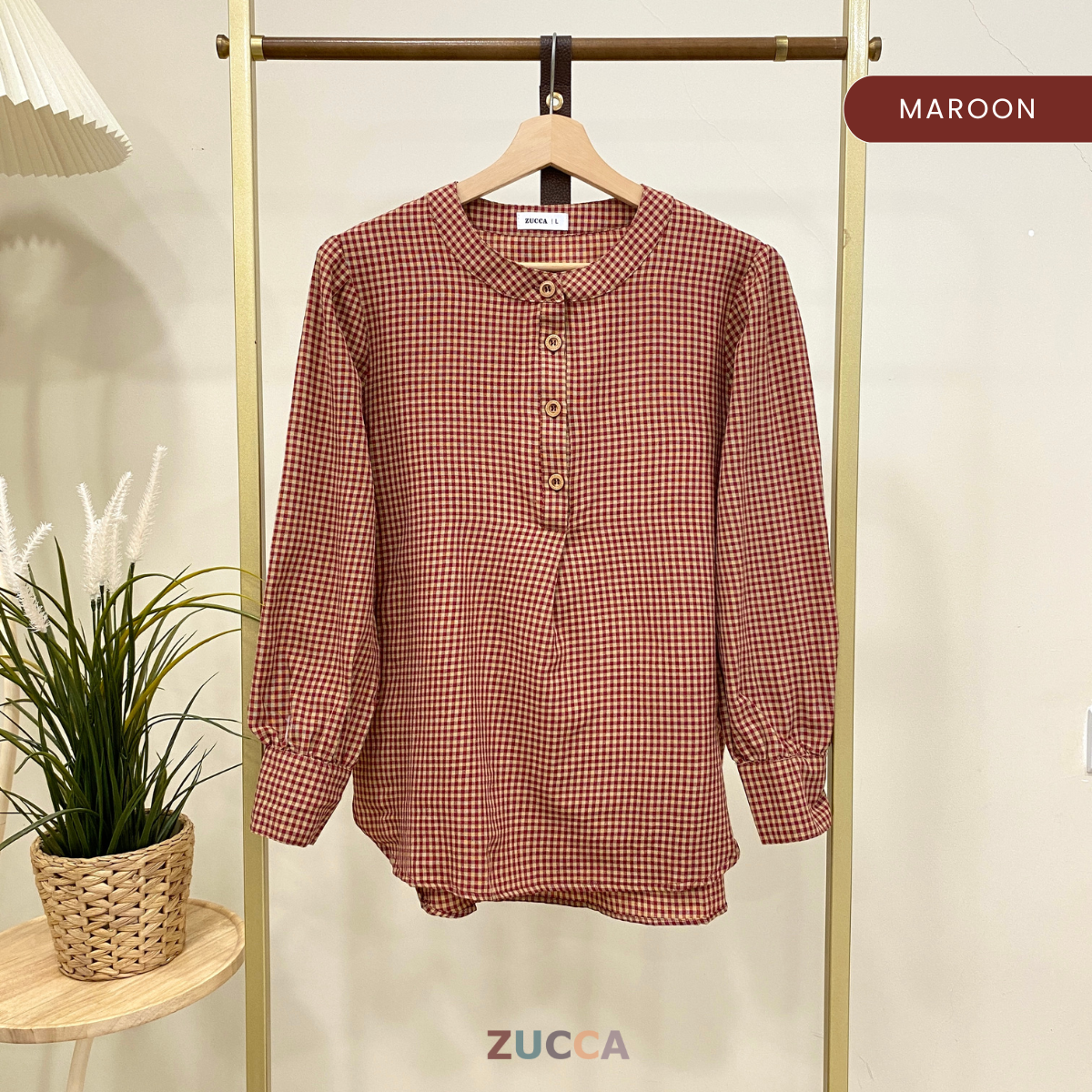 ZUCCA TASHA HALF BUTTON CHECKERED BLOUSE - DM130