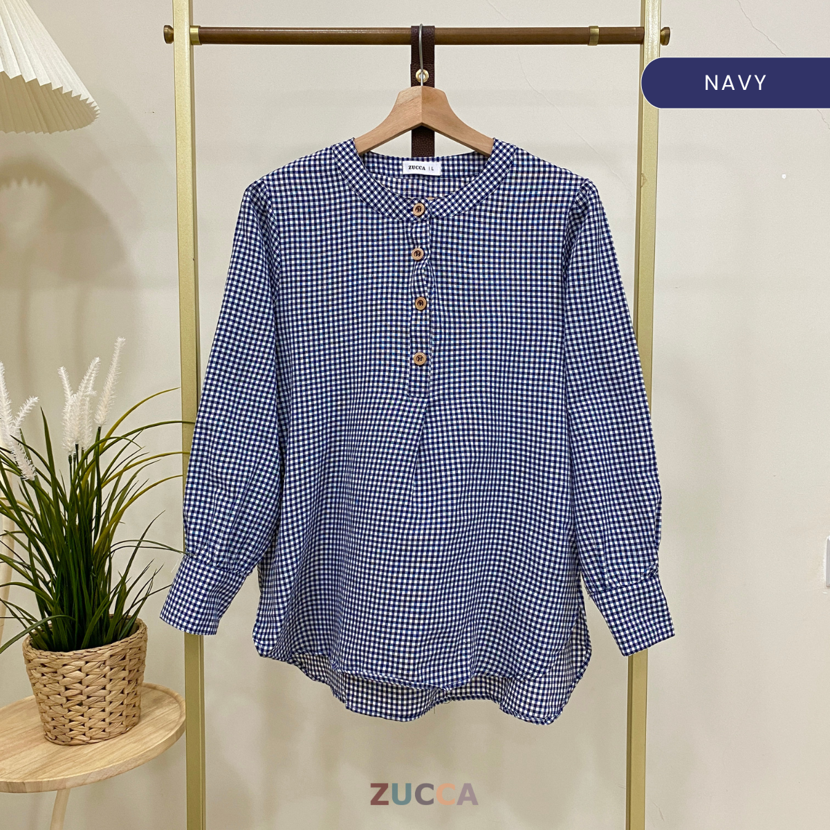 ZUCCA TASHA HALF BUTTON CHECKERED BLOUSE - DM130