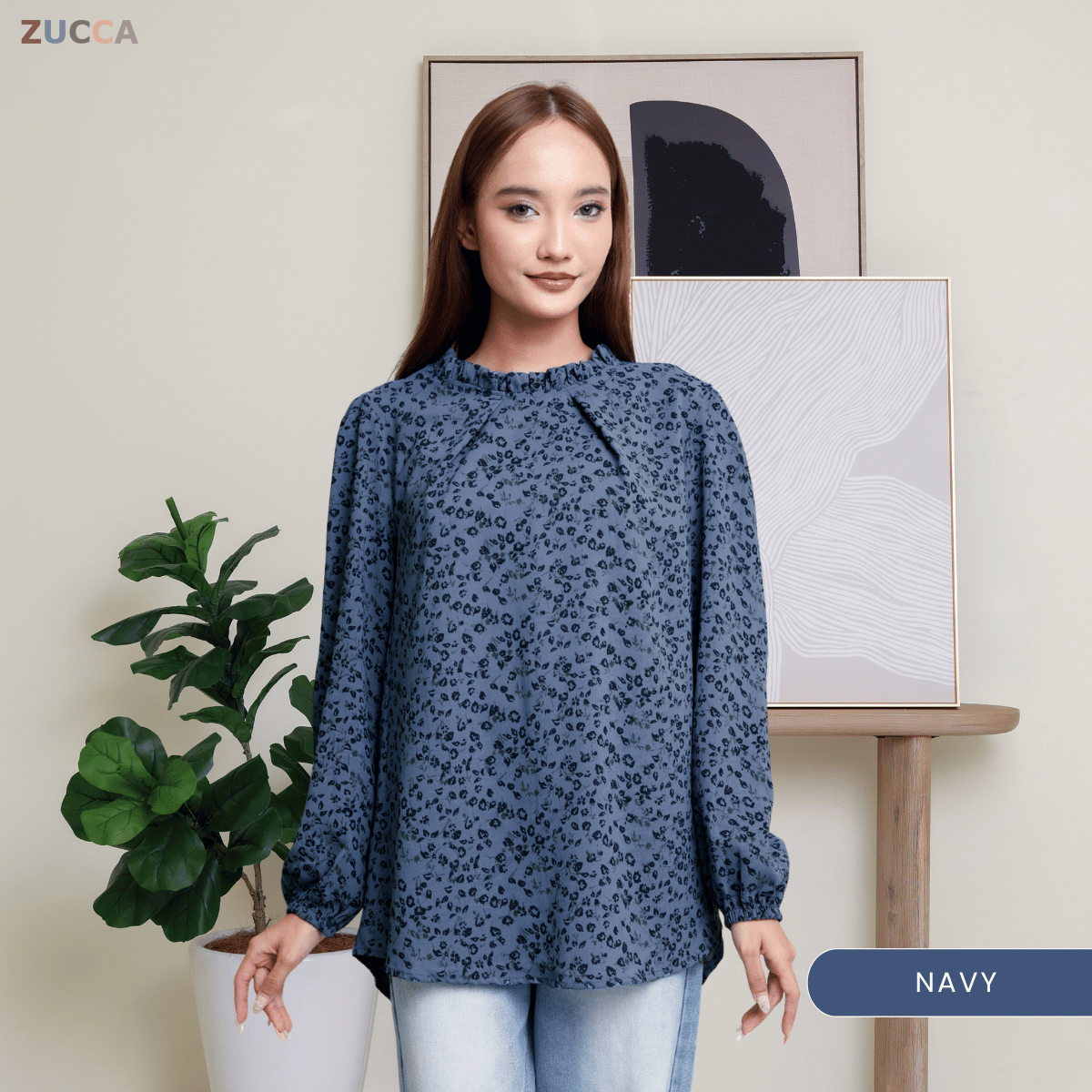 ZUCCA YULINA BLOUS WANITA BERCORAK FLORAL BERSERTA LEHER BERTINGKAT – DM094