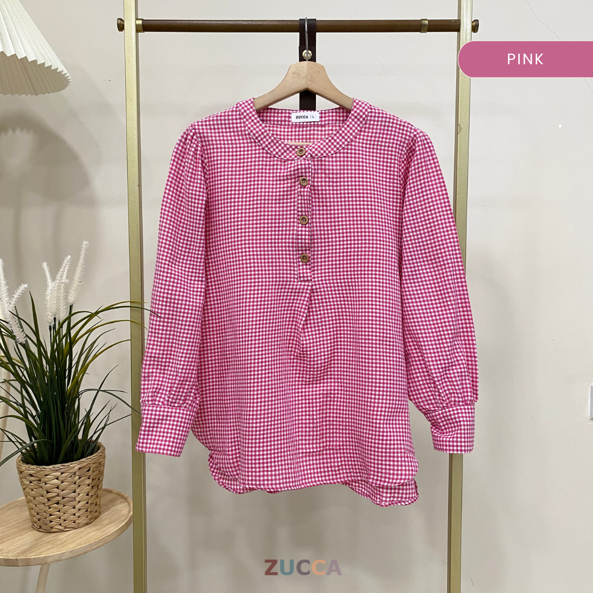 ZUCCA TASHA HALF BUTTON CHECKERED BLOUSE - DM130