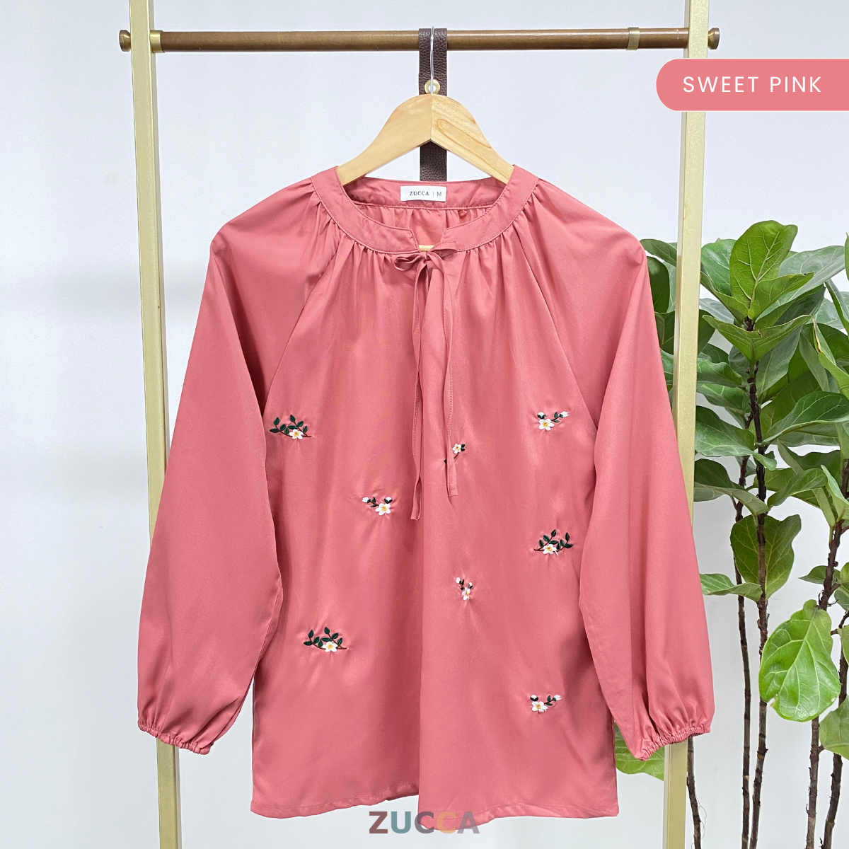 ZUCCA ENARA FLORAL EMBROIDERY RIBBON NECK WOMEN BLOUSE - MA060